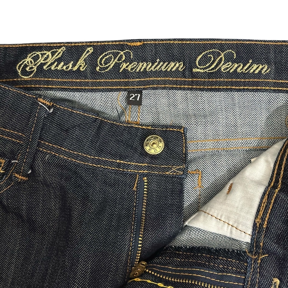 Plush Premium Denim Y2K Script Embroidered Bootcut Jeans Dark Wash Cuffed SZ 27 - Picture 7 of 7